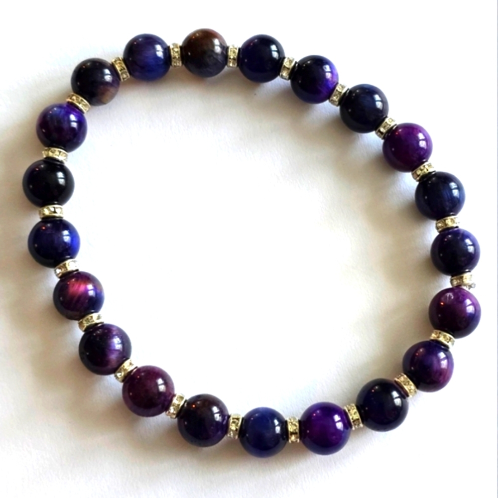 Handmade bracelet purple tiger eye galaxy blue pink silver stretch